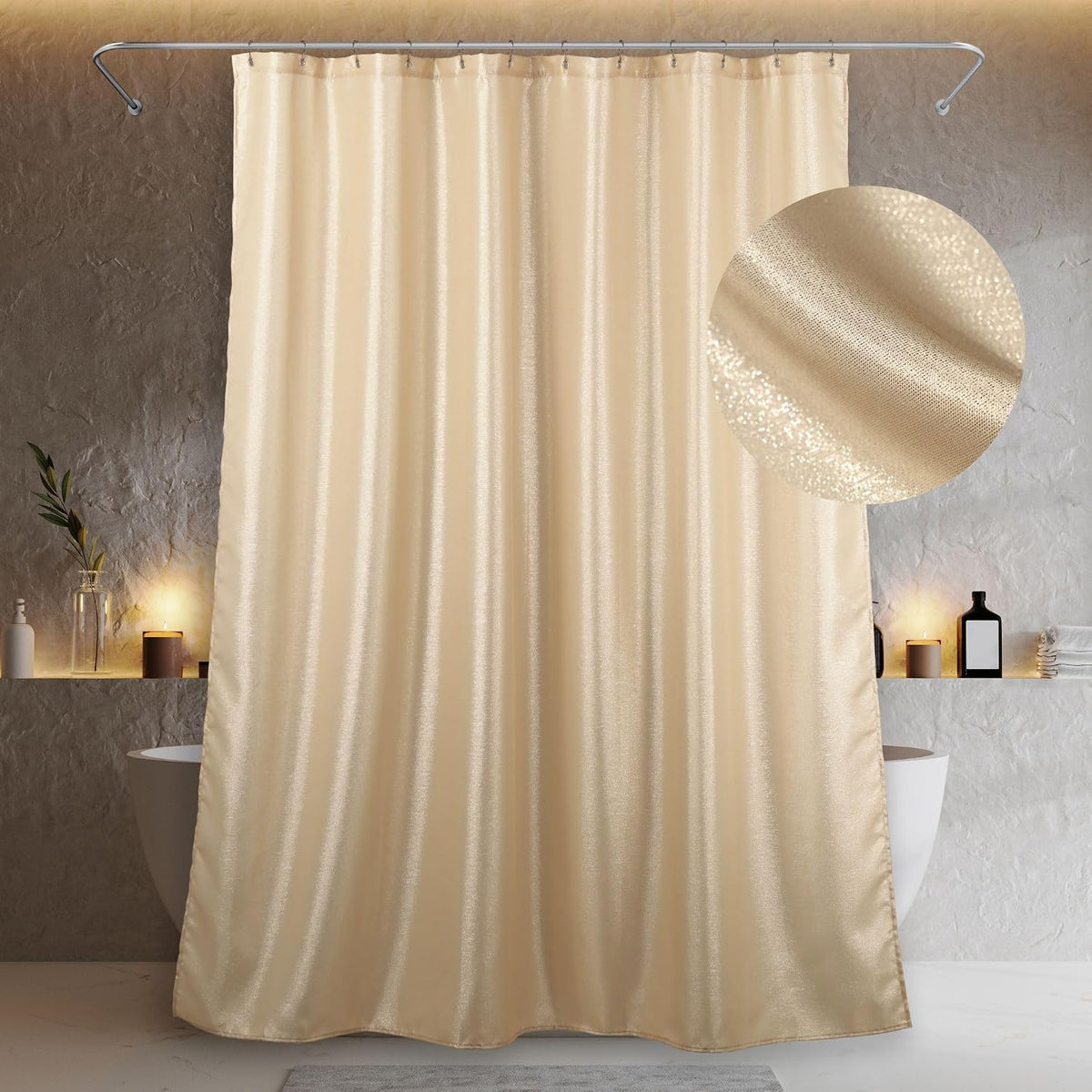 Champagne Gold Glitter Shower Curtain: Waterproof Washable, 72Lx72W