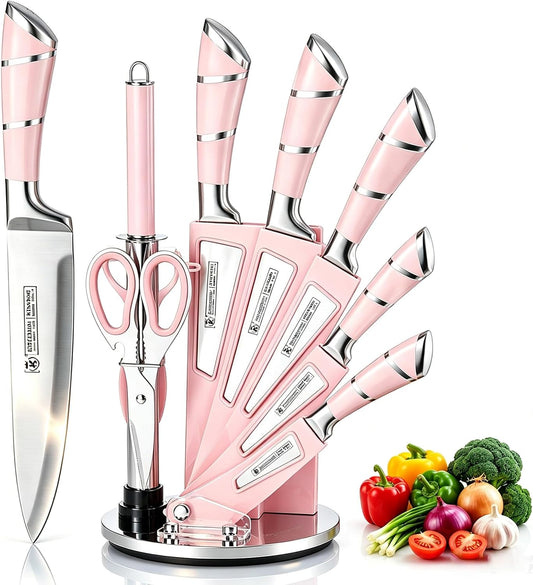 9Pcs Cute Pink Kitchen Knife Set with Block,Cutlery Set for Women Gift