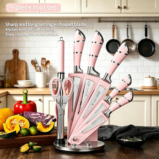 9Pcs Cute Pink Kitchen Knife Set with Block,Cutlery Set for Women Gift