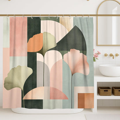 Abstract Shower Curtain, Pastel Green Peach Artistic Bathroom Decor, Spring Modern Minimalistic Waterproof Fabric Curtain with Hooks 62x72 Inch