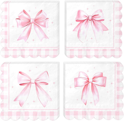 Bow Birthday Decorations-48Pcs Pink Bow Napkins Coquette Bow Theme Paper Napkins for Girls Birthday,Baby Shower,Wedding, Bachelorette Party