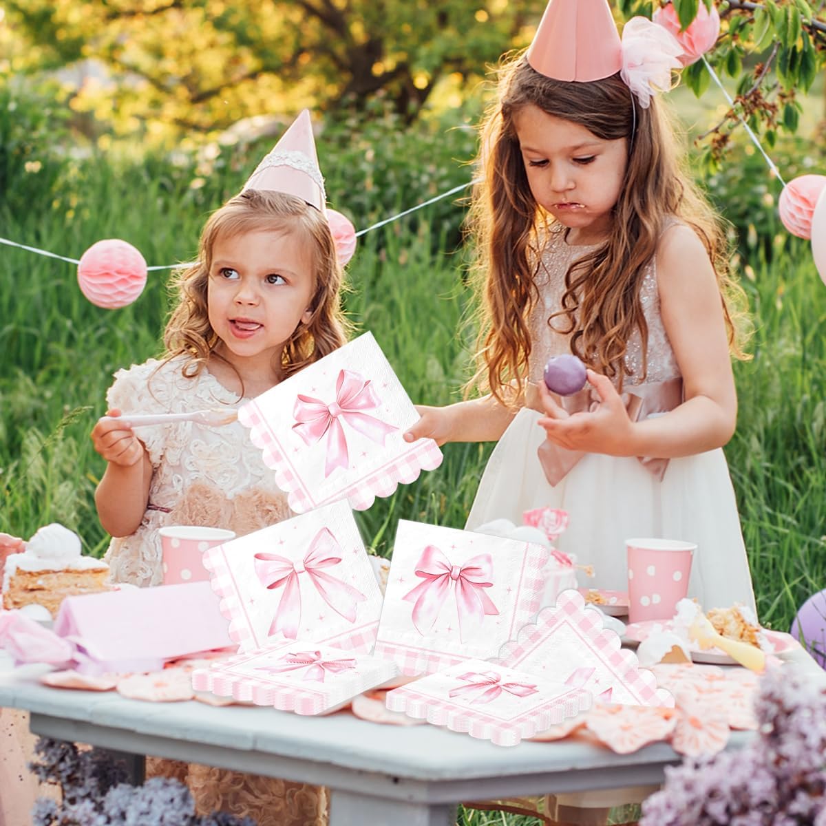 Bow Birthday Decorations-48Pcs Pink Bow Napkins Coquette Bow Theme Paper Napkins for Girls Birthday,Baby Shower,Wedding, Bachelorette Party