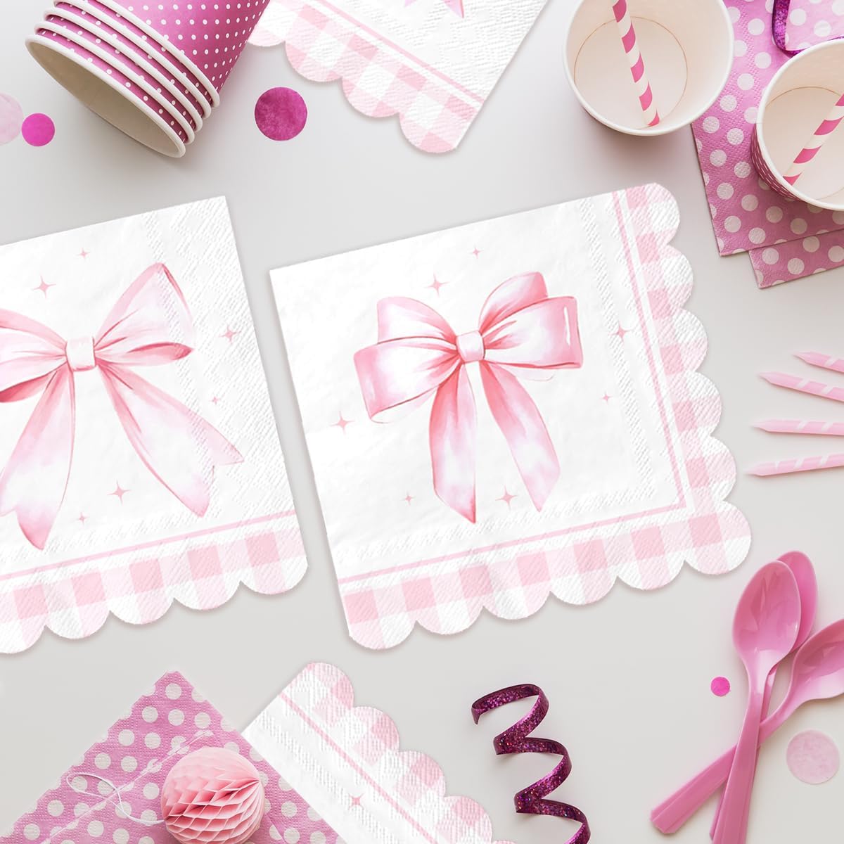 Bow Birthday Decorations-48Pcs Pink Bow Napkins Coquette Bow Theme Paper Napkins for Girls Birthday,Baby Shower,Wedding, Bachelorette Party
