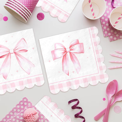 Bow Birthday Decorations-48Pcs Pink Bow Napkins Coquette Bow Theme Paper Napkins for Girls Birthday,Baby Shower,Wedding, Bachelorette Party