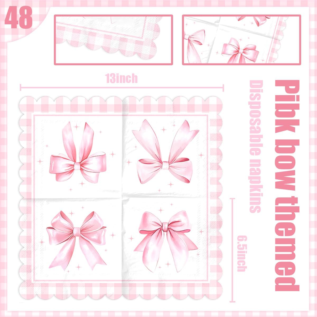 Bow Birthday Decorations-48Pcs Pink Bow Napkins Coquette Bow Theme Paper Napkins for Girls Birthday,Baby Shower,Wedding, Bachelorette Party