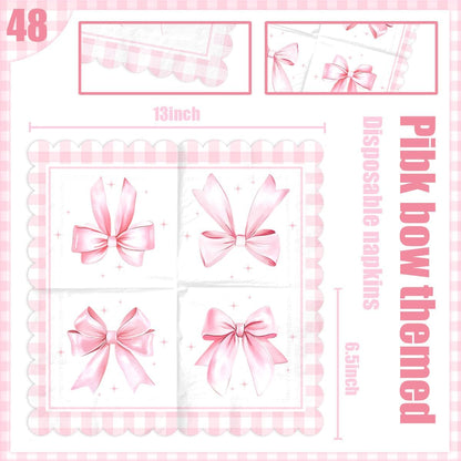 Bow Birthday Decorations-48Pcs Pink Bow Napkins Coquette Bow Theme Paper Napkins for Girls Birthday,Baby Shower,Wedding, Bachelorette Party