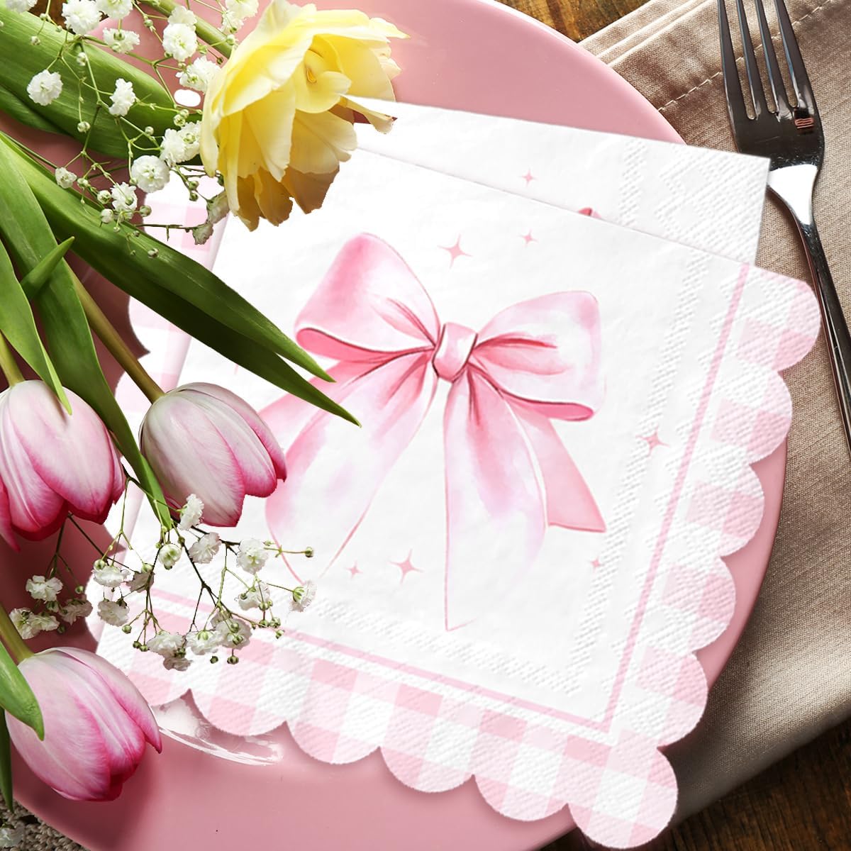 Bow Birthday Decorations-48Pcs Pink Bow Napkins Coquette Bow Theme Paper Napkins for Girls Birthday,Baby Shower,Wedding, Bachelorette Party