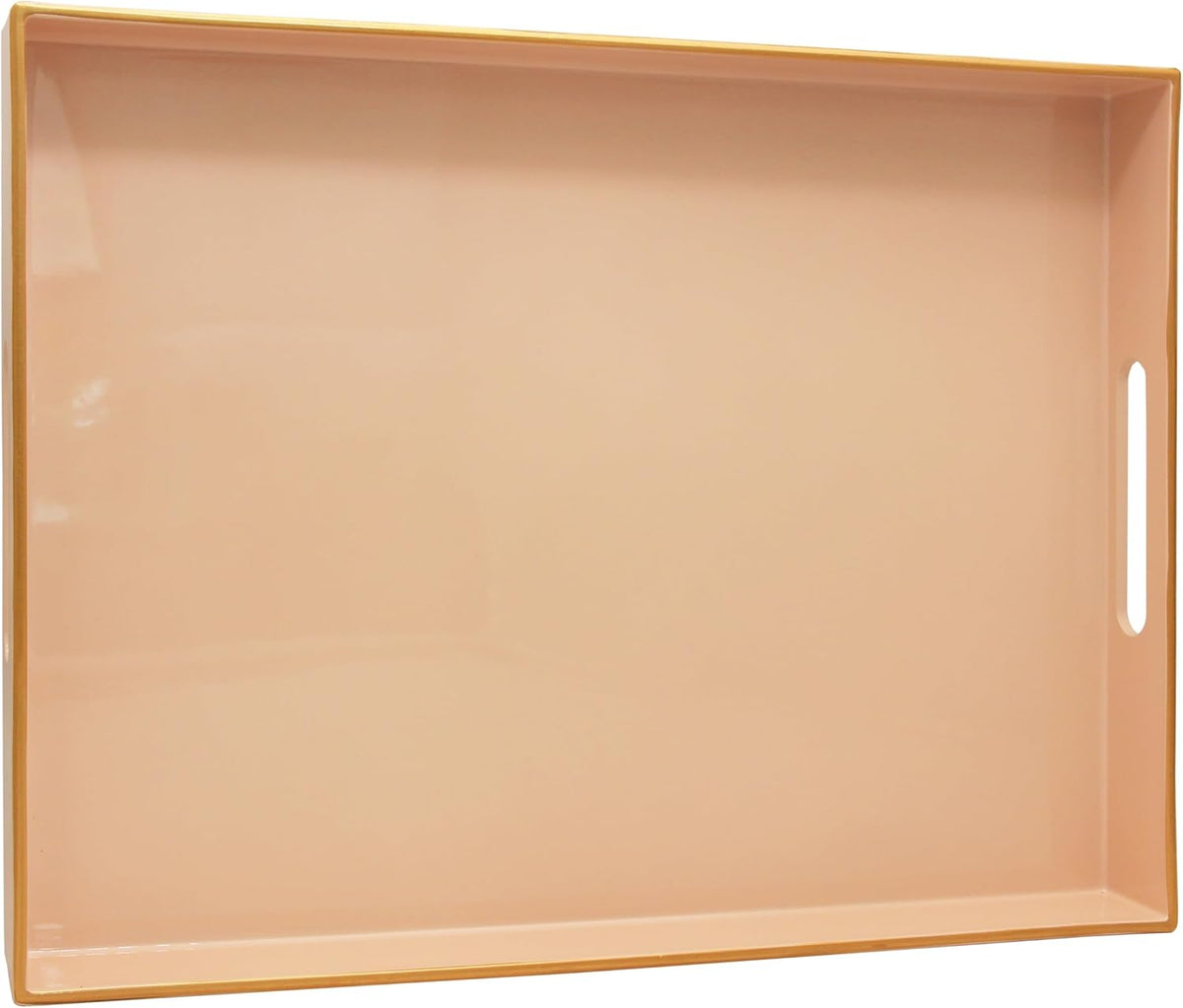 15.8" x 11.8" Blush Pink Plastic Serving Tray with Gold Trim and Handles, Decorative Rectangular Tray for Ottoman, Coffee Table, Kitchen Counter, Bathroom Vanity, Heavy-Duty & Easy to Clean