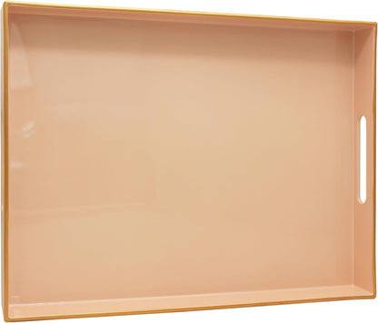 15.8" x 11.8" Blush Pink Plastic Serving Tray with Gold Trim and Handles, Decorative Rectangular Tray for Ottoman, Coffee Table, Kitchen Counter, Bathroom Vanity, Heavy-Duty & Easy to Clean