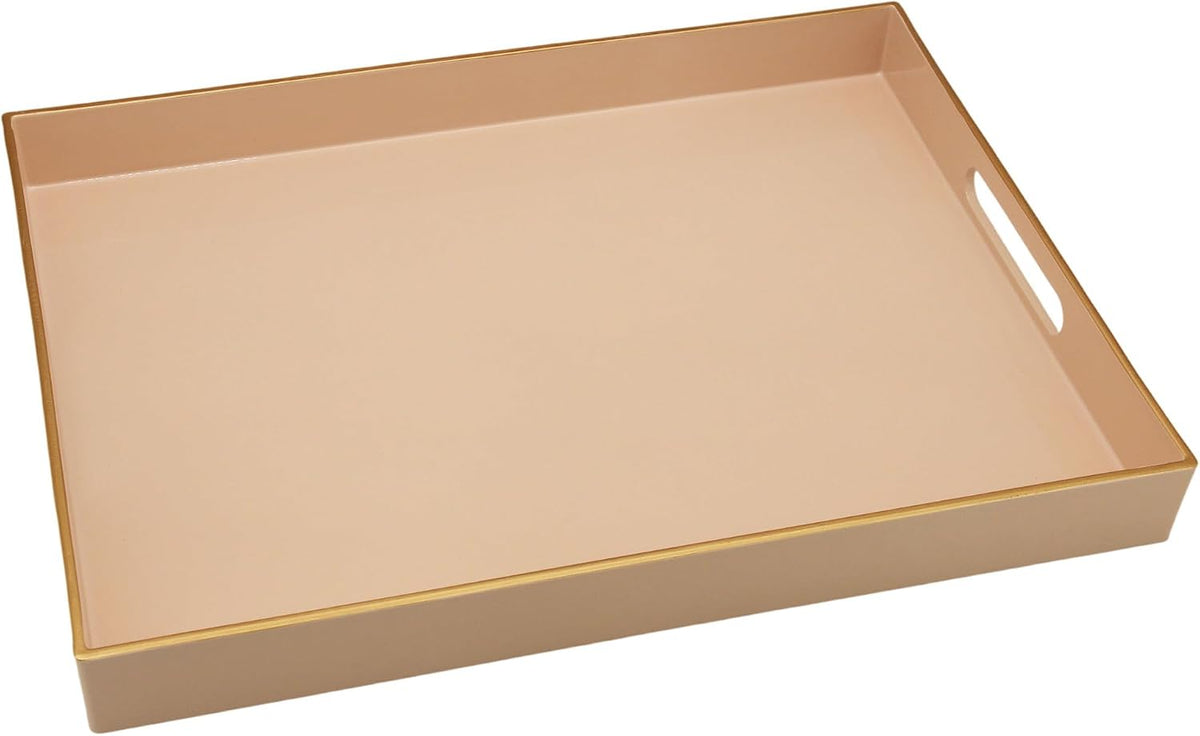 15.8" x 11.8" Blush Pink Plastic Serving Tray with Gold Trim and Handles, Decorative Rectangular Tray for Ottoman, Coffee Table, Kitchen Counter, Bathroom Vanity, Heavy-Duty & Easy to Clean