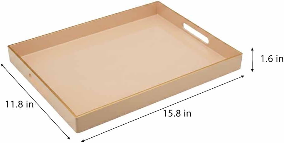 15.8" x 11.8" Blush Pink Plastic Serving Tray with Gold Trim and Handles, Decorative Rectangular Tray for Ottoman, Coffee Table, Kitchen Counter, Bathroom Vanity, Heavy-Duty & Easy to Clean