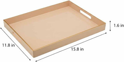 15.8" x 11.8" Blush Pink Plastic Serving Tray with Gold Trim and Handles, Decorative Rectangular Tray for Ottoman, Coffee Table, Kitchen Counter, Bathroom Vanity, Heavy-Duty & Easy to Clean