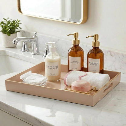 15.8" x 11.8" Blush Pink Plastic Serving Tray with Gold Trim and Handles, Decorative Rectangular Tray for Ottoman, Coffee Table, Kitchen Counter, Bathroom Vanity, Heavy-Duty & Easy to Clean