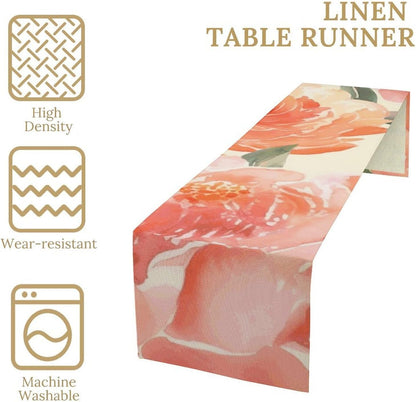 Peach Peony Table Runner 13x72 Inch Linens Burlap Table Runner with Tassels Boho Farmhouse Table Runner for Kitchen Home Christmas Halloween Party Table Decor Tablecloth