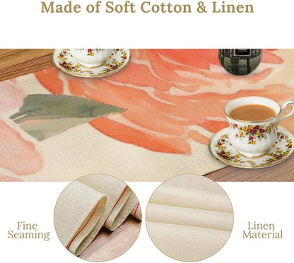 Peach Peony Table Runner 13x72 Inch Linens Burlap Table Runner with Tassels Boho Farmhouse Table Runner for Kitchen Home Christmas Halloween Party Table Decor Tablecloth