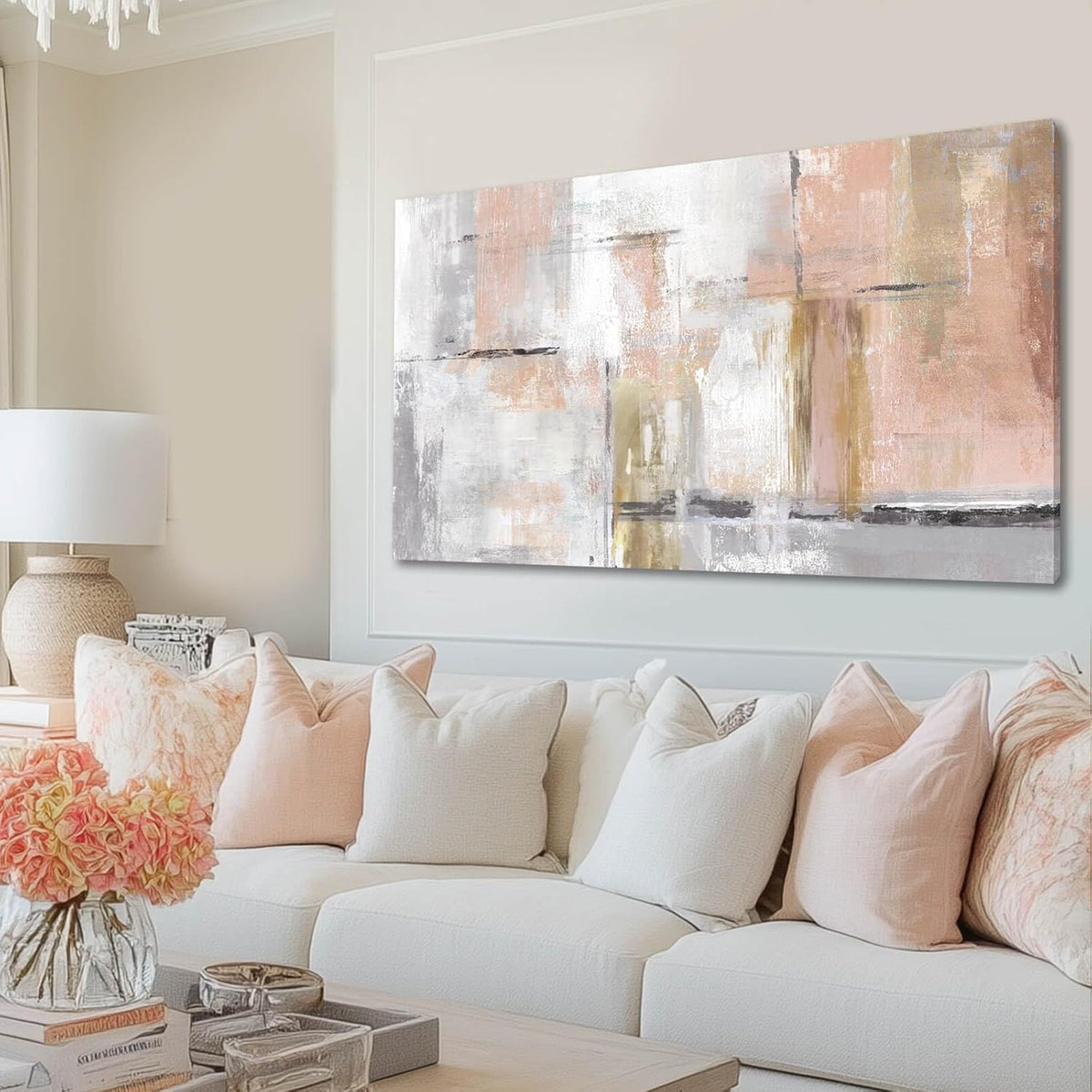 Canvas Art Gold Wall Decor for Girl Pink Pictures for Living Room Wall Decoration Abstract Wall Art White Modern Painting Pictures 20"x40"