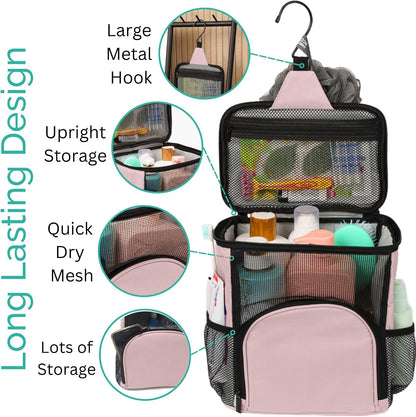 College Dorm Room Essentials for Girls - Original Shower Caddy Dorm - Portable, Durable, Roomy, Foldable Water Resistant Shower Bag in Light Pink with Metal Hook for Hanging (Blush Pink)