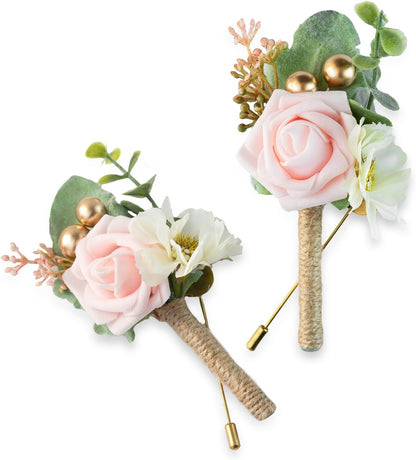 Boutonniere for Men Wedding, Groom Groomsman Artificial Rose Flowers for Wedding Anniversary Celebration,Prom,Party,Home Decoration Set of 2 (Blush)