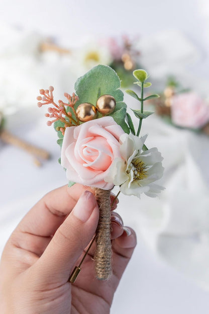 Boutonniere for Men Wedding, Groom Groomsman Artificial Rose Flowers for Wedding Anniversary Celebration,Prom,Party,Home Decoration Set of 2 (Blush)