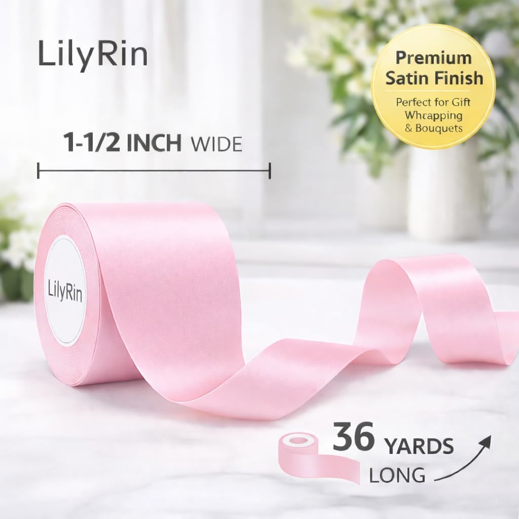 Pale Pink Ribbon 1-1/2 Inch 36 Yards Baby Shower Decor, Easter Wide Pastel Fabric Ribbon Roll for Gift Wrapping, Wedding Decorations, Hair Bows, Floral Arrangements & DIY Crafts