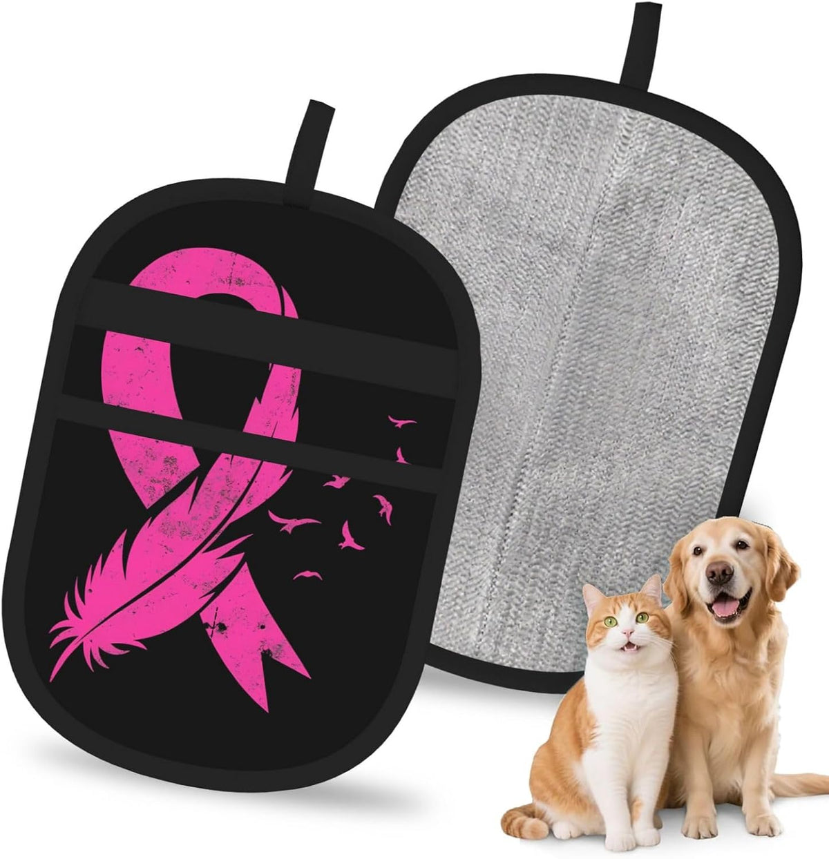 Breast Cancer Awareness Pink Ribbon Feather Pet Hair Removal Glove Dogs Hair Remover Glove Cats Fur Removal Tool with Hanging Loop for Couch 6.7X9.5 in
