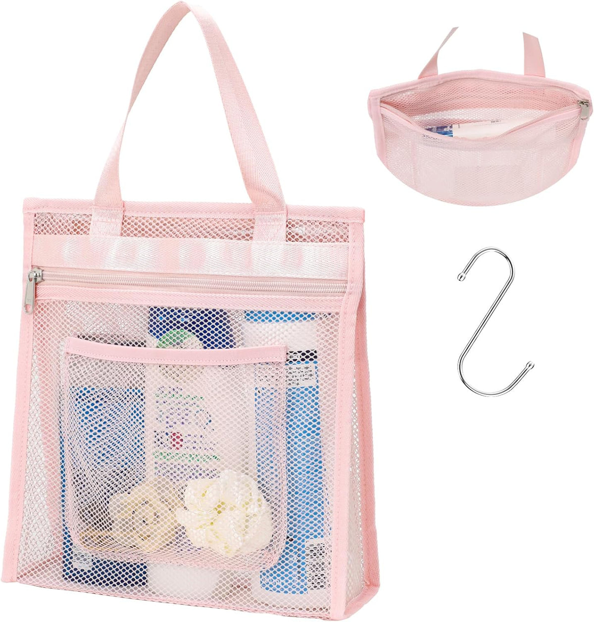 Small Mesh Shower Caddy Portable - Zipper Gym Shower Bag for Travel, Pink