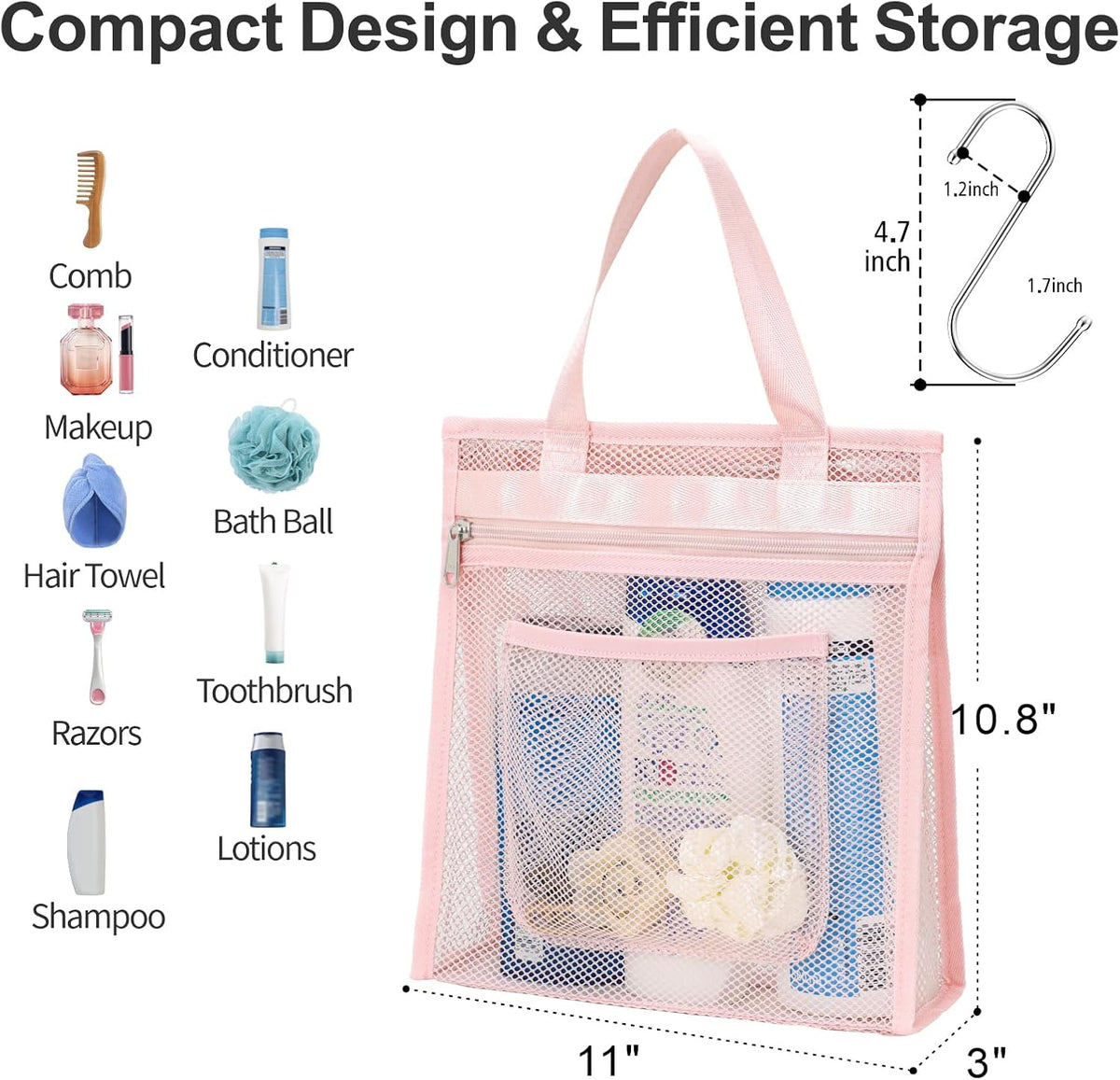 Small Mesh Shower Caddy Portable - Zipper Gym Shower Bag for Travel, Pink