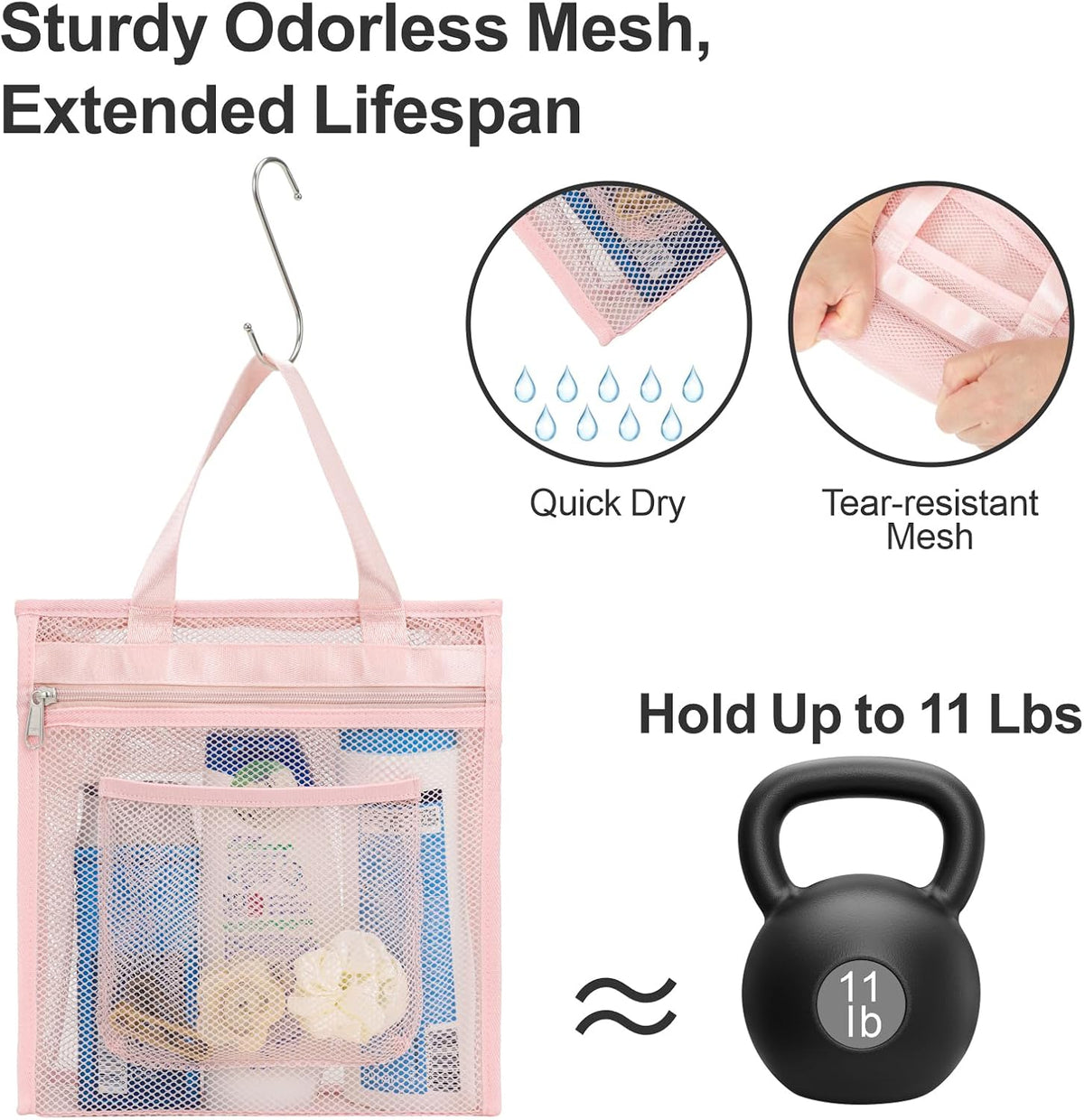 Small Mesh Shower Caddy Portable - Zipper Gym Shower Bag for Travel, Pink