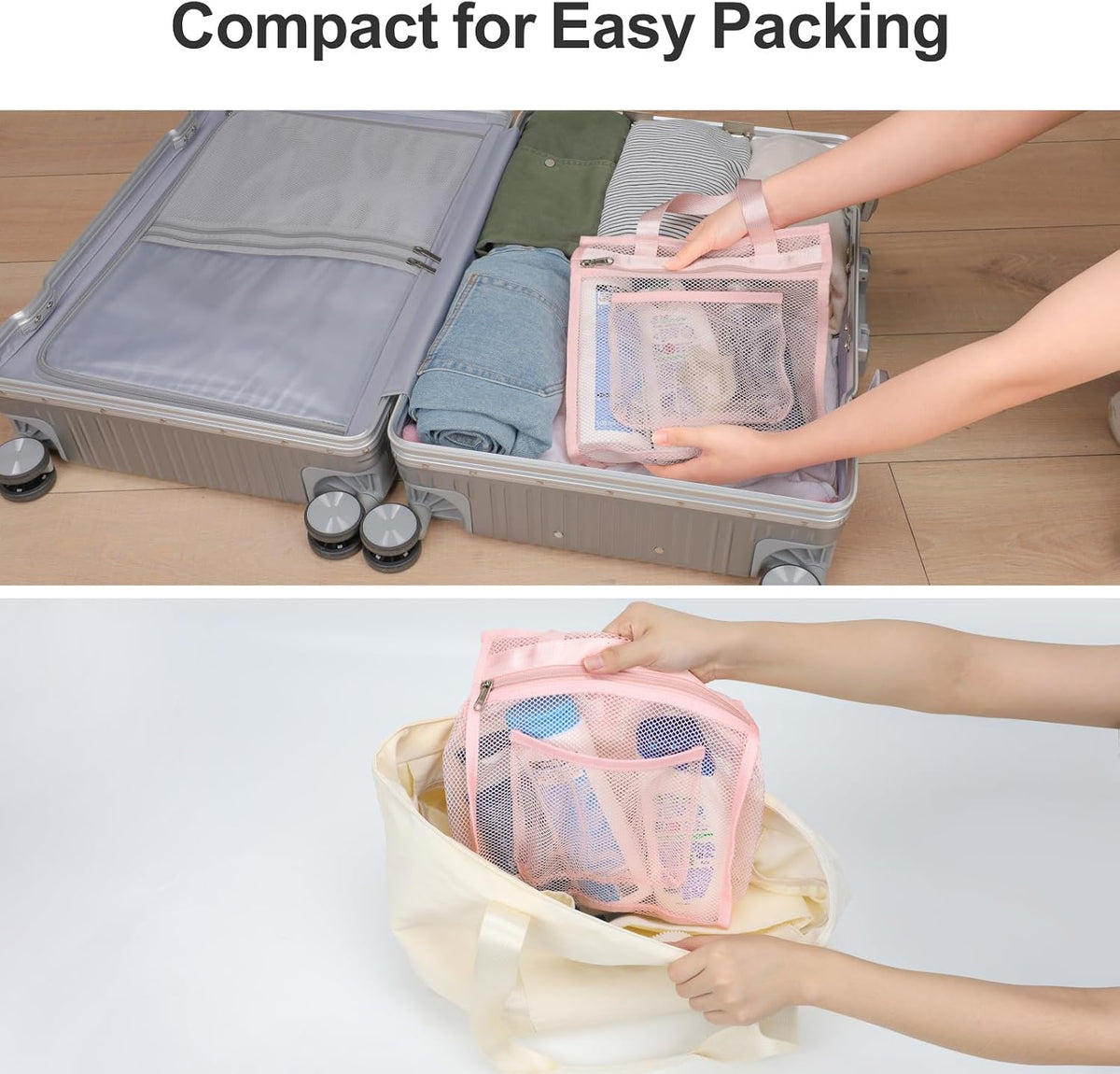 Small Mesh Shower Caddy Portable - Zipper Gym Shower Bag for Travel, Pink