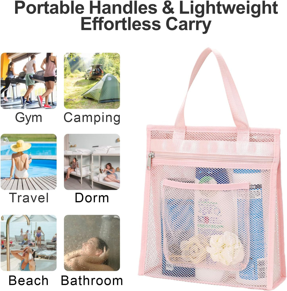 Small Mesh Shower Caddy Portable - Zipper Gym Shower Bag for Travel, Pink