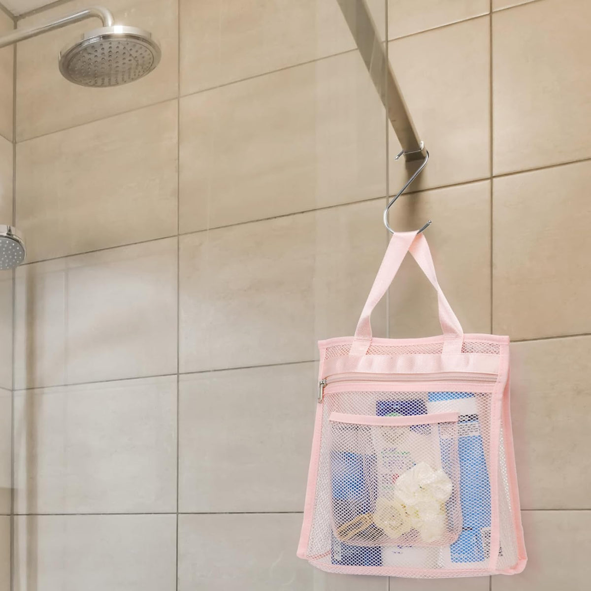 Small Mesh Shower Caddy Portable - Zipper Gym Shower Bag for Travel, Pink
