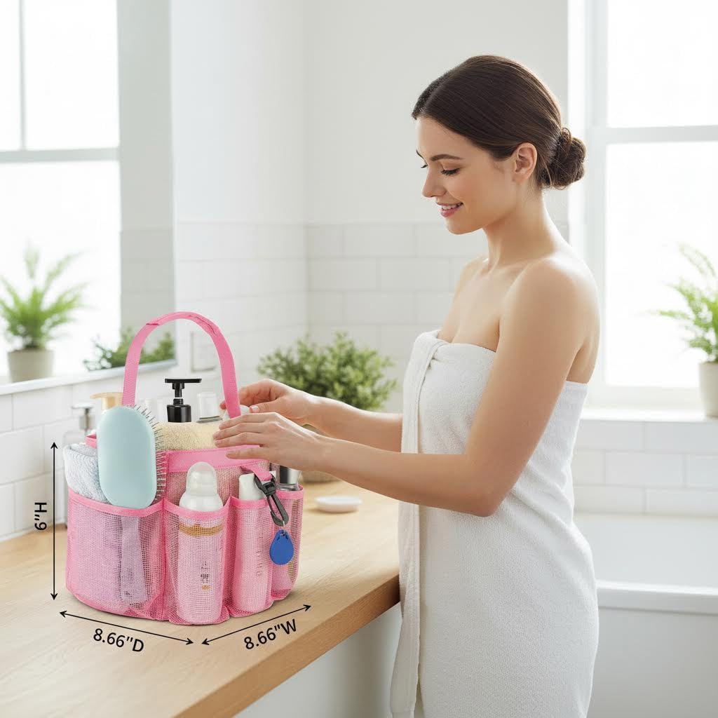 Mesh Shower Caddy Portable for College Dorm Room Essentials,Hanging Shower Caddy Dorm Basket with 8 Pockets,Quick Dry Shower Bag for Bathroom,Beach,Swimming,Gym (Light Pink)