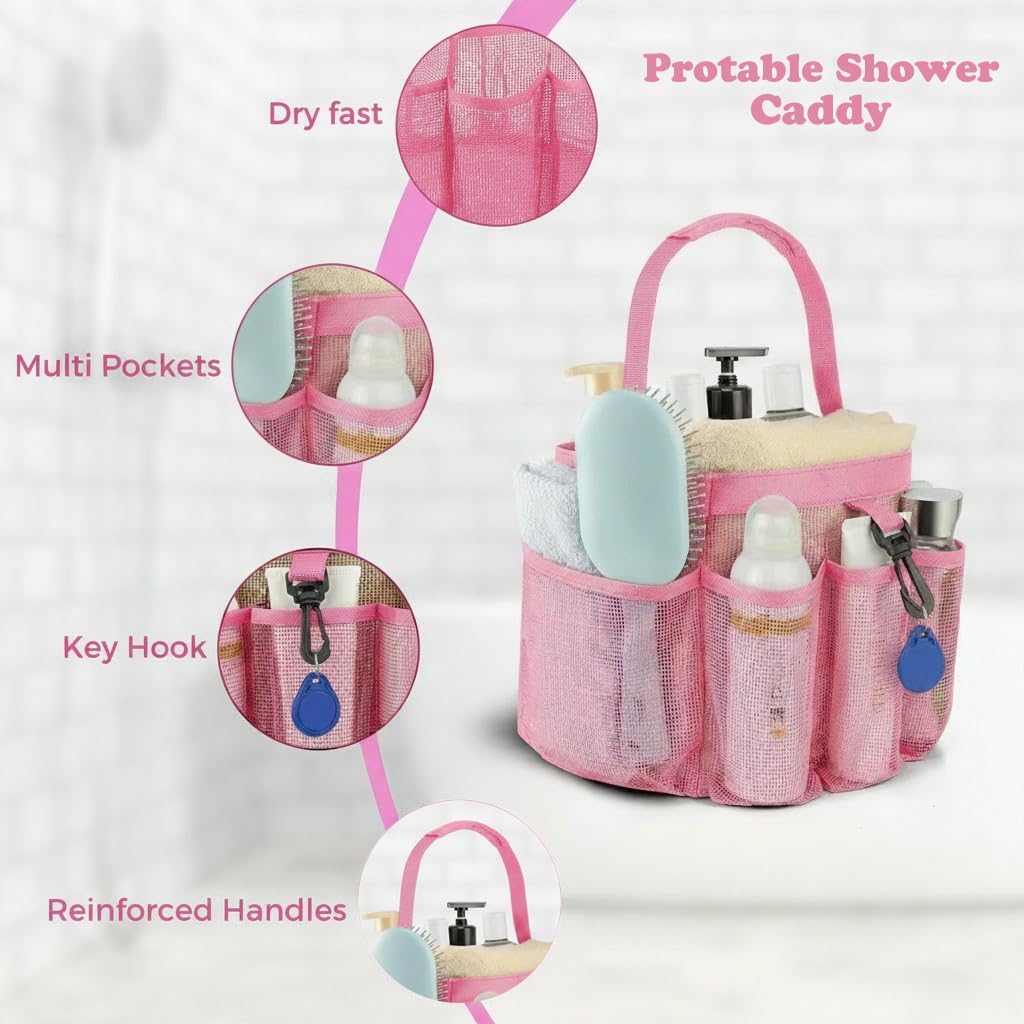 Mesh Shower Caddy Portable for College Dorm Room Essentials,Hanging Shower Caddy Dorm Basket with 8 Pockets,Quick Dry Shower Bag for Bathroom,Beach,Swimming,Gym (Light Pink)