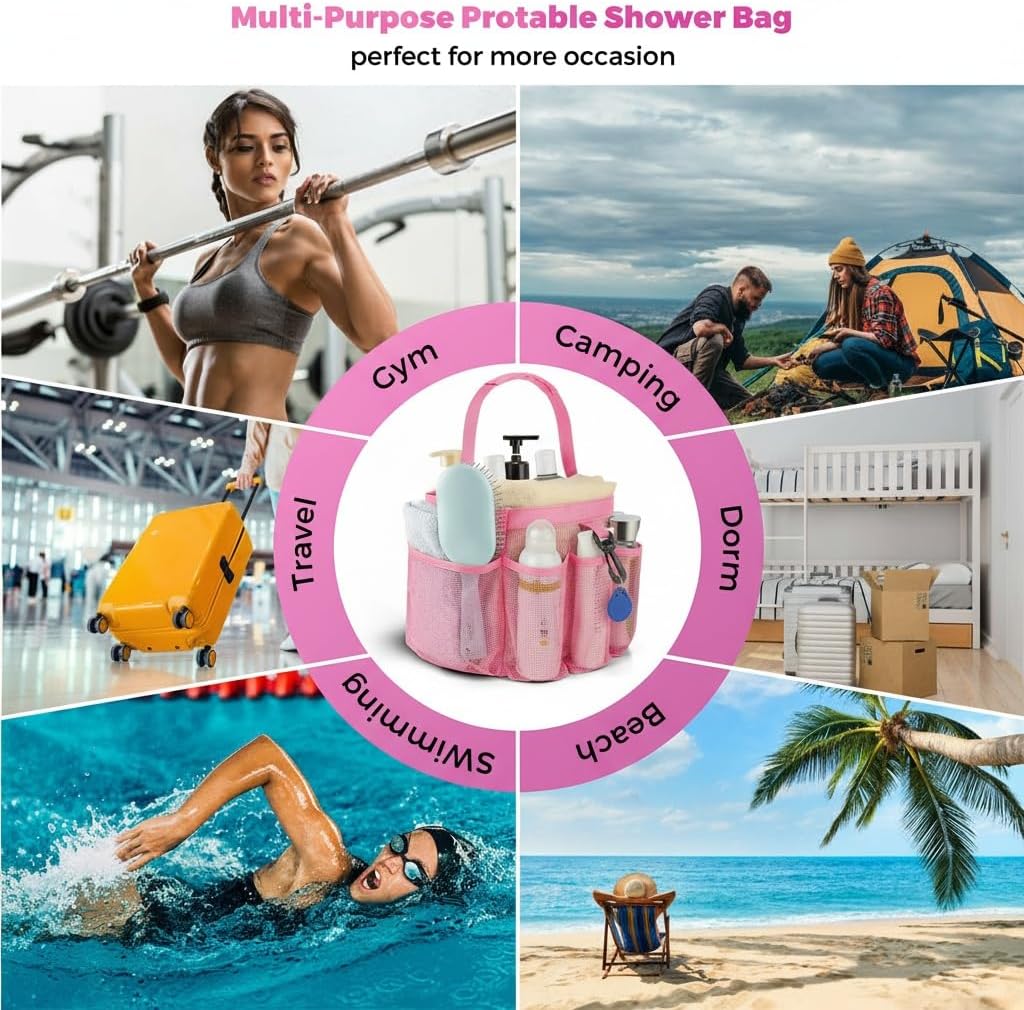 Mesh Shower Caddy Portable for College Dorm Room Essentials,Hanging Shower Caddy Dorm Basket with 8 Pockets,Quick Dry Shower Bag for Bathroom,Beach,Swimming,Gym (Light Pink)