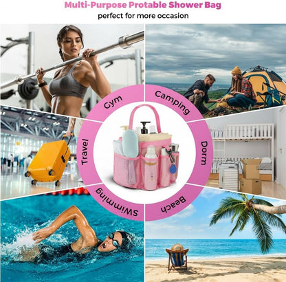 Mesh Shower Caddy Portable for College Dorm Room Essentials,Hanging Shower Caddy Dorm Basket with 8 Pockets,Quick Dry Shower Bag for Bathroom,Beach,Swimming,Gym (Light Pink)