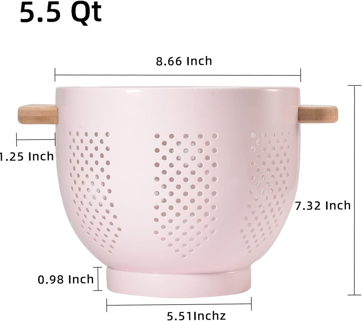 Metal Colander with Wood Handle and Stable Base, Powder Coated Steel Kitchen Strainer Basket for Draining Pasta, Vegetable and fruit(5.5quart,Pink)