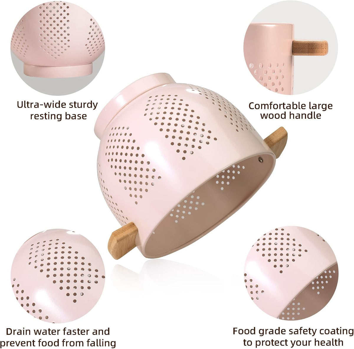 Metal Colander with Wood Handle and Stable Base, Powder Coated Steel Kitchen Strainer Basket for Draining Pasta, Vegetable and fruit(5.5quart,Pink)