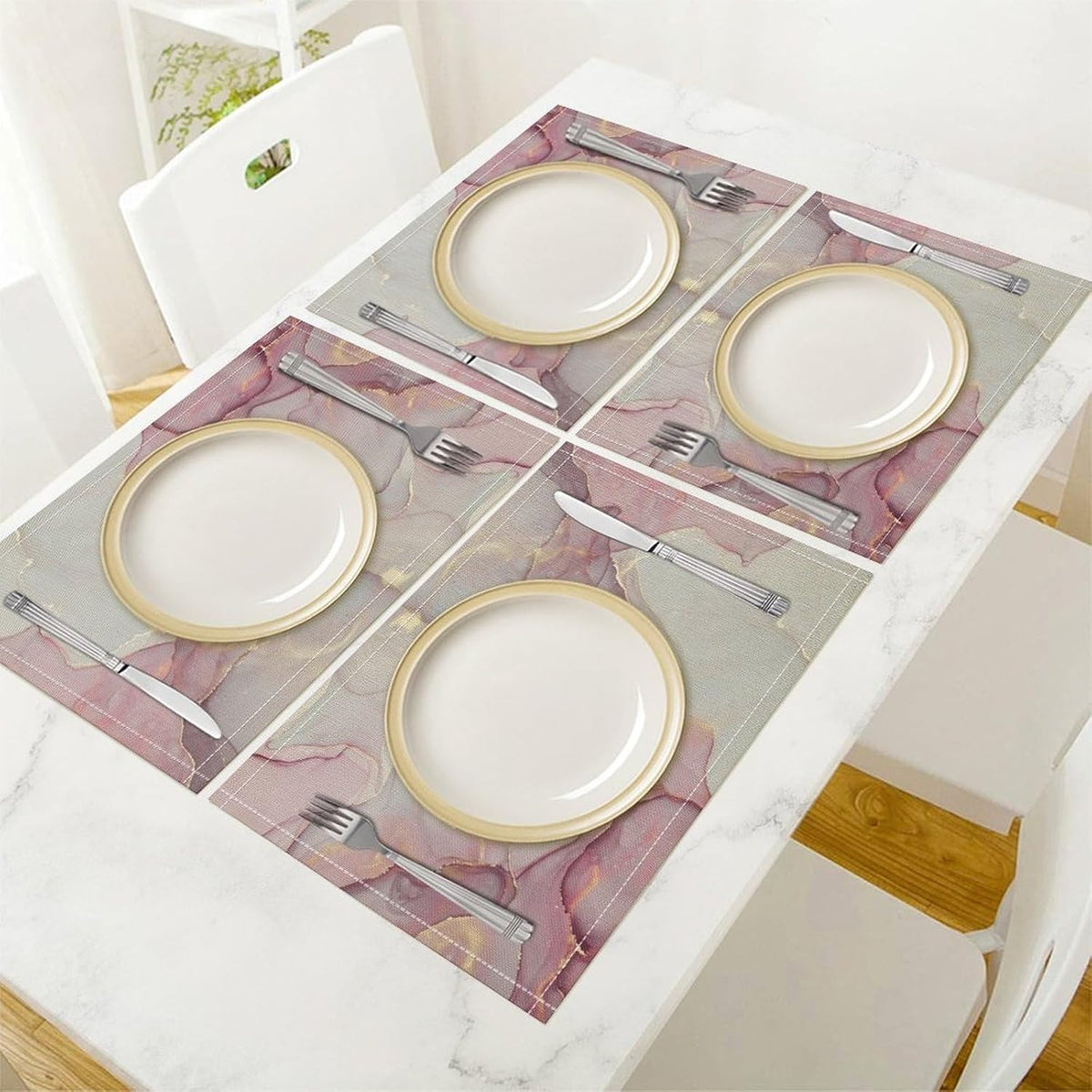 Pink Marble Placemat,Modern Luxury Abstract Geometric Line Pink White Cherry Blossom Textured Heat Resistant Washable Placemat for Party Kitchen Dining Table Decoration Set of 4 12x18in