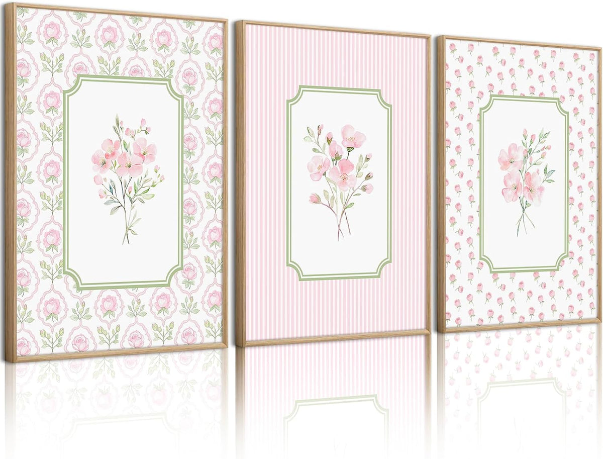 Pink Floral Wall Art Nursery Flower Canvas Wall Decor Baby Girl Wildflower Pictures Aesthetic Striped Botanical Poster Prints Pink Green Floral Painting Artwork for Girl Room 12x16 Inch Unframed 3Pcs