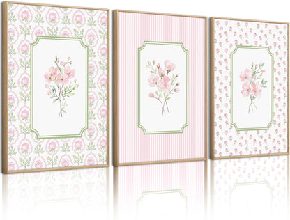 Pink Floral Wall Art Nursery Flower Canvas Wall Decor Baby Girl Wildflower Pictures Aesthetic Striped Botanical Poster Prints Pink Green Floral Painting Artwork for Girl Room 12x16 Inch Unframed 3Pcs