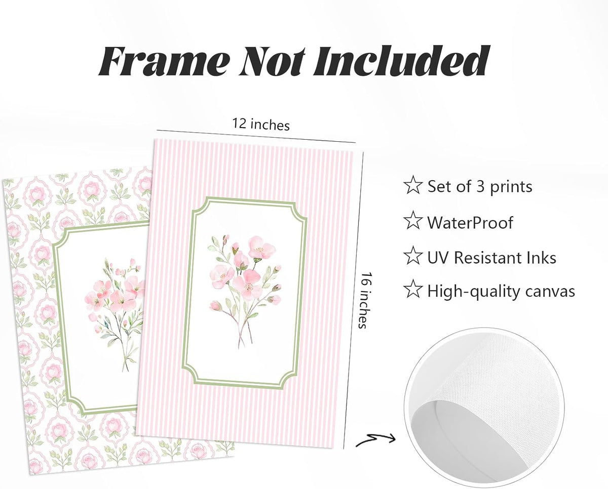 Pink Floral Wall Art Nursery Flower Canvas Wall Decor Baby Girl Wildflower Pictures Aesthetic Striped Botanical Poster Prints Pink Green Floral Painting Artwork for Girl Room 12x16 Inch Unframed 3Pcs