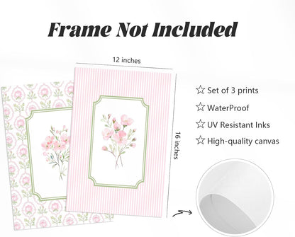 Pink Floral Wall Art Nursery Flower Canvas Wall Decor Baby Girl Wildflower Pictures Aesthetic Striped Botanical Poster Prints Pink Green Floral Painting Artwork for Girl Room 12x16 Inch Unframed 3Pcs