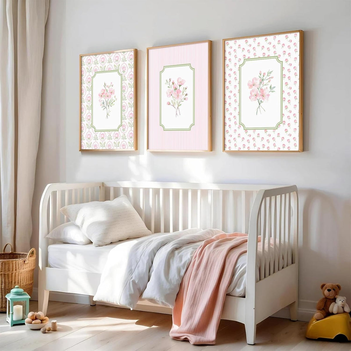 Pink Floral Wall Art Nursery Flower Canvas Wall Decor Baby Girl Wildflower Pictures Aesthetic Striped Botanical Poster Prints Pink Green Floral Painting Artwork for Girl Room 12x16 Inch Unframed 3Pcs