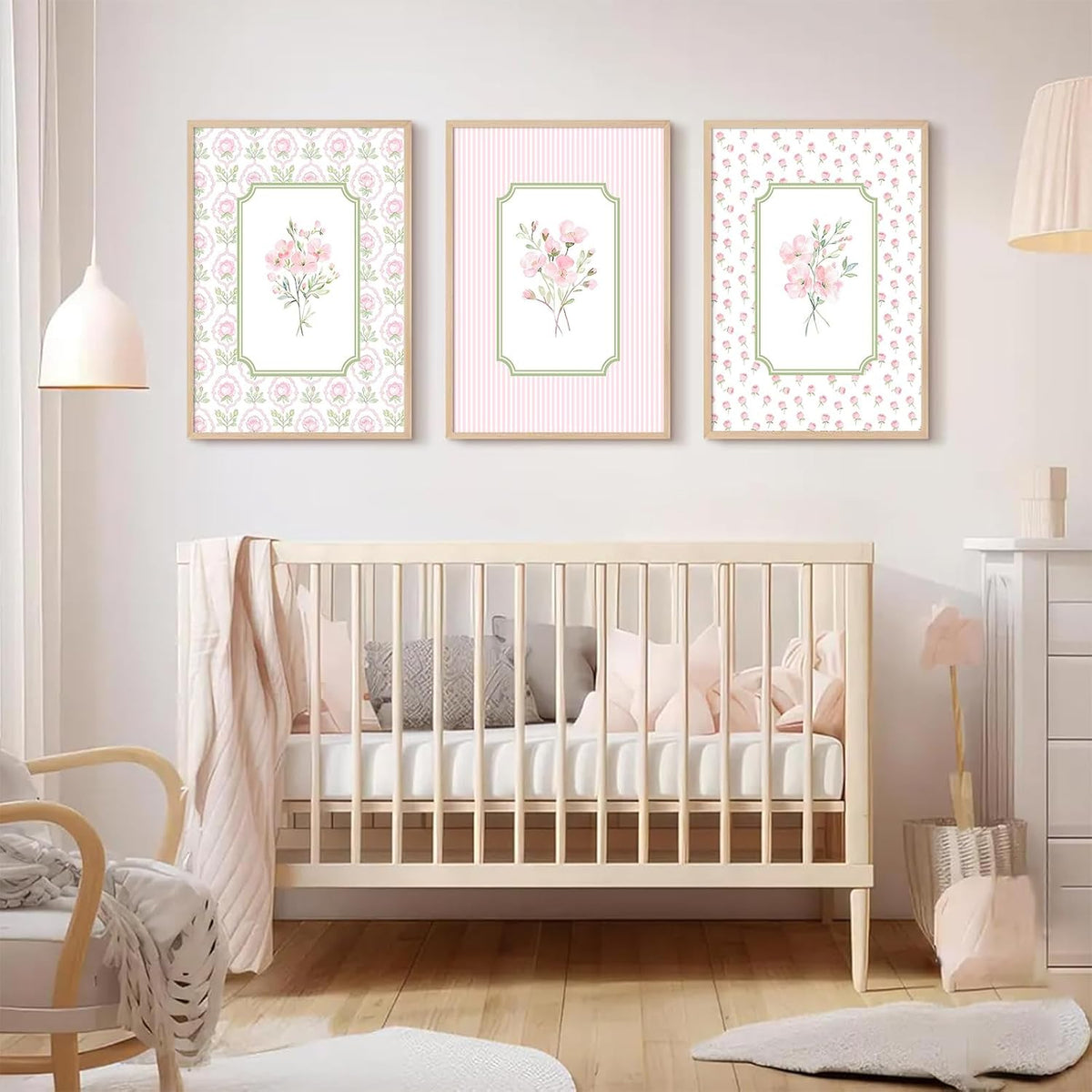 Pink Floral Wall Art Nursery Flower Canvas Wall Decor Baby Girl Wildflower Pictures Aesthetic Striped Botanical Poster Prints Pink Green Floral Painting Artwork for Girl Room 12x16 Inch Unframed 3Pcs