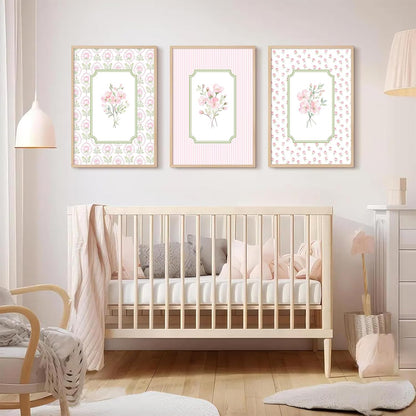 Pink Floral Wall Art Nursery Flower Canvas Wall Decor Baby Girl Wildflower Pictures Aesthetic Striped Botanical Poster Prints Pink Green Floral Painting Artwork for Girl Room 12x16 Inch Unframed 3Pcs