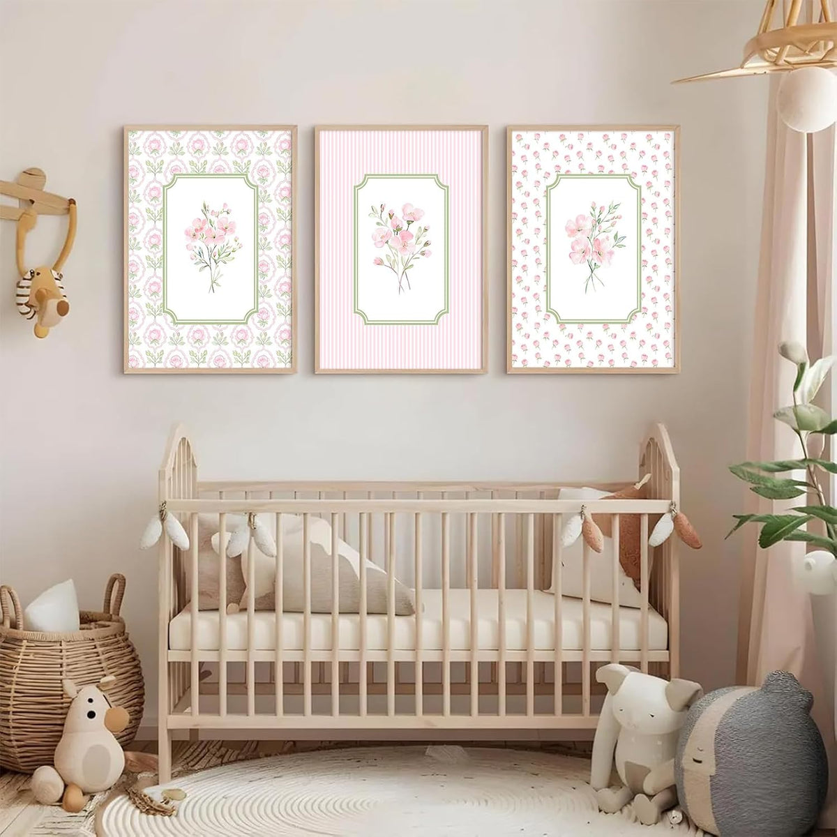 Pink Floral Wall Art Nursery Flower Canvas Wall Decor Baby Girl Wildflower Pictures Aesthetic Striped Botanical Poster Prints Pink Green Floral Painting Artwork for Girl Room 12x16 Inch Unframed 3Pcs