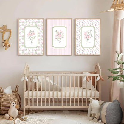 Pink Floral Wall Art Nursery Flower Canvas Wall Decor Baby Girl Wildflower Pictures Aesthetic Striped Botanical Poster Prints Pink Green Floral Painting Artwork for Girl Room 12x16 Inch Unframed 3Pcs