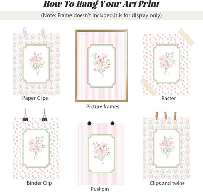 Pink Floral Wall Art Nursery Flower Canvas Wall Decor Baby Girl Wildflower Pictures Aesthetic Striped Botanical Poster Prints Pink Green Floral Painting Artwork for Girl Room 12x16 Inch Unframed 3Pcs