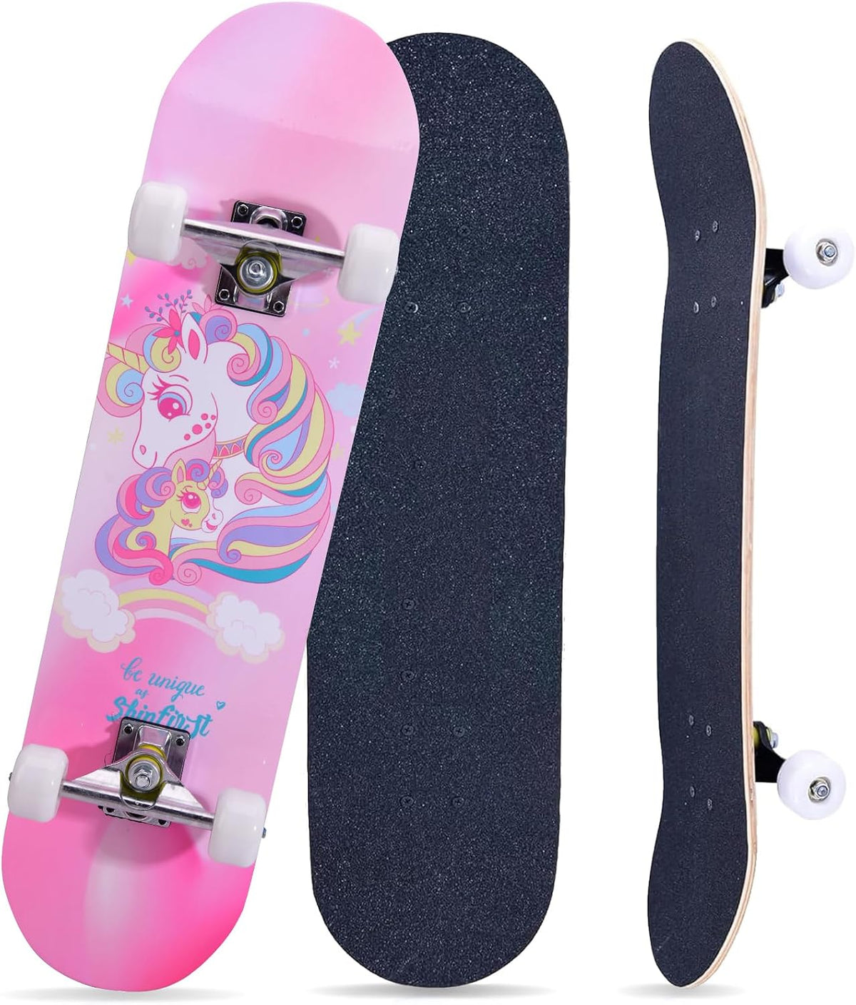 Skateboards for Beginners Kids Boys Girls Teens and Adults, 31 Inch Complete Standard Skateboards with 7-Layer Maple Double Kick Deck Unicorn and Skull Design