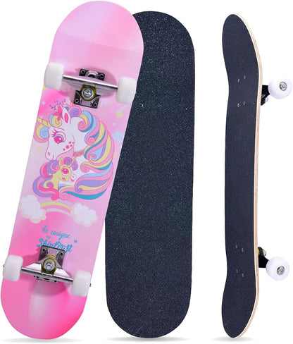 Skateboards for Beginners Kids Boys Girls Teens and Adults, 31 Inch Complete Standard Skateboards with 7-Layer Maple Double Kick Deck Unicorn and Skull Design